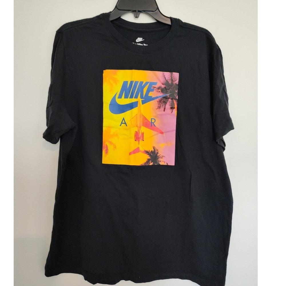 Nike‎ Air Mens XL T-Shirt Black Tropical Palm Tree Jet Plane Graphic Tee Cotton